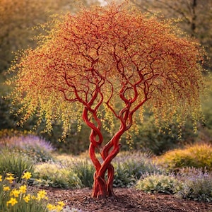 May include: A vibrant tree with bright red bark and twisting branches. The tree's canopy is filled with yellow and green leaves, set against a blurred background of other plants and trees. The tree is surrounded by a garden with yellow and purple flowers.