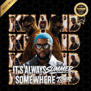 May include: A promotional graphic for the Khalid It's Always Summer Somewhere Tour featuring multiple images of the artist Khalid with bright blue hair, wearing sunglasses and various outfits, set against a black background with gold lettering.