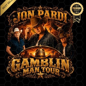 May include: A graphic design featuring Jon Pardi in cowboy hats with the text JON PARDI and GAMBLIN MAN TOUR in gold lettering. The image includes a desert landscape, a bald eagle, and ornate gold filigree borders on a black background with a honeycomb pattern.