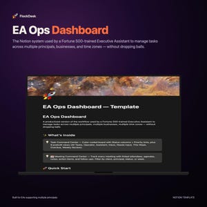 May include: A digital dashboard template for Executive Assistants, labeled "EA Ops Dashboard." The screen displays a dark interface with the text "EA Ops Dashboard - Template" and details about task and meeting management. The FlockDesk logo is in the upper left.