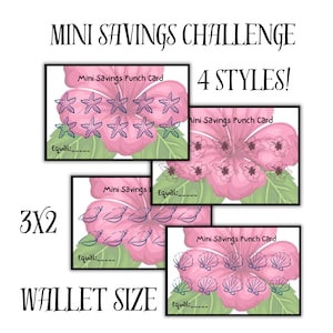 May include: Four rectangular Mini Savings Punch Cards in wallet size, each featuring a pink hibiscus flower and green leaves. The cards display different icons including starfish, flowers, and seashells, with the text Mini Savings Punch Card and Equal:.