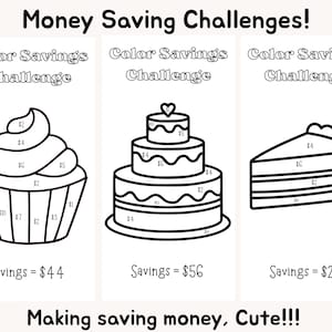 Puede incluir: Una hoja de desafío de ahorro imprimible con tres ilustraciones de líneas en blanco y negro de un cupcake, un pastel de varios niveles y una rebanada de pastel. Cada postre está dividido en secciones con montos en dólares para el ahorro.