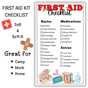 Puede incluir: Una lista de verificación para botiquín de primeros auxilios con texto en rojo y negro sobre fondo blanco. Incluye secciones de básicos, medicamentos y extras, con ilustraciones de un botiquín, tijeras y frascos de medicina.