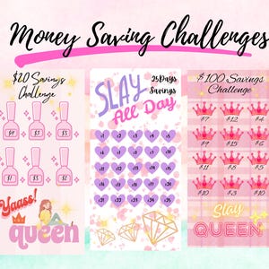 Può includere: Una stampa di sfida di risparmio rosa e viola con il testo "Money Saving Challenges". L'immagine presenta tre diverse sfide: una sfida da $20 per bottiglie di smalto per unghie, una sfida a cuore di 25 giorni e una sfida a corona da $100.