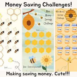 Könnte beinhalten: Drei vertikale Spar-Challenge-Tracker mit Bienen- und Honigmotiven. Die Designs enthalten Illustrationen von Bienen, Waben, Bienenstöcken, Honiggläsern und Sonnenblumen mit dem Text Money Saving Challenges, Bee-lieve in yourself.