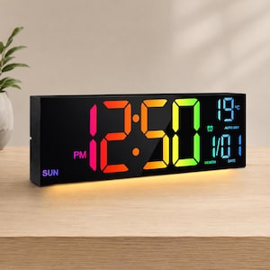 Large RGB LED Digital Wall Clock, Modern Home Decor, Remote Control, Alarm, Temperature, Date
