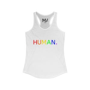 May include: White racerback vest with the word "HUMAN." in rainbow colours across the front. The vest has a scoop neck and a racerback design. The text is in a bold, sans-serif font.