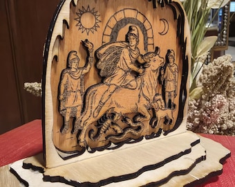 Mithras Wooden Statue Tauroctony - 3D Layered Laser Engraved Roman Mithraic Altar Numbered Art, 5" Handcrafted