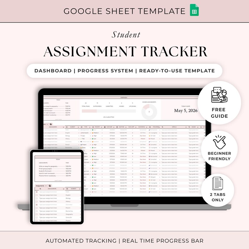 Student Assignment Tracking System Assignment Tracker Spreadsheet Student Google Sheets School Academic ...