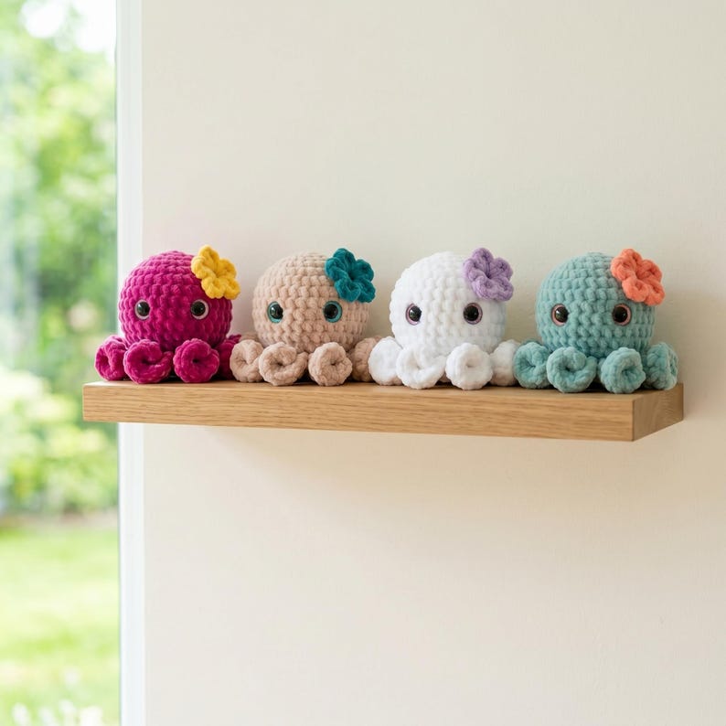 May include: Four small, round, crocheted octopus plush toys arranged in a row. Each octopus features a solid color body, dark plastic eyes, and a small crocheted flower attached to the side of its head in a contrasting color.