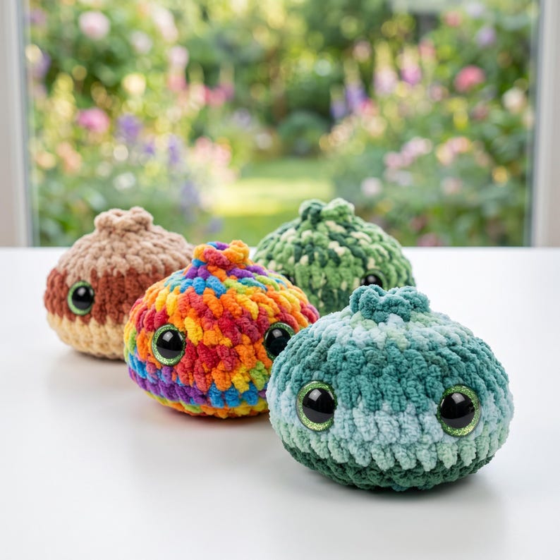 May include: Four round, plush, crocheted creatures with large, glossy black eyes. One is multicolored with bright rainbow yarn, one is solid tan, one is dark green, and one is a variegated teal and light blue. Each has a small top knot.