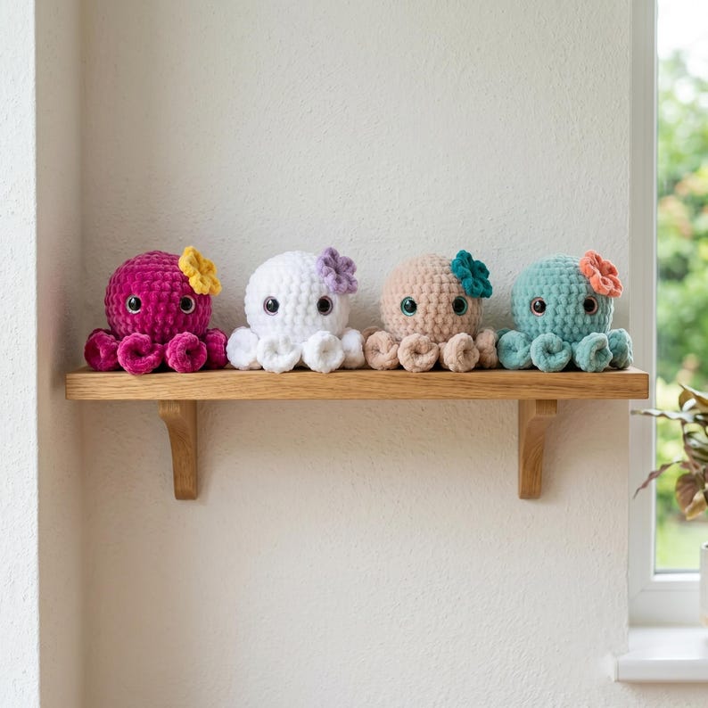May include: Four small, round, crocheted octopus plush toys with large black eyes and curled tentacles. Each octopus features a different color: magenta with a yellow flower, white with a purple flower, beige with a teal flower, and teal with an orange flower.
