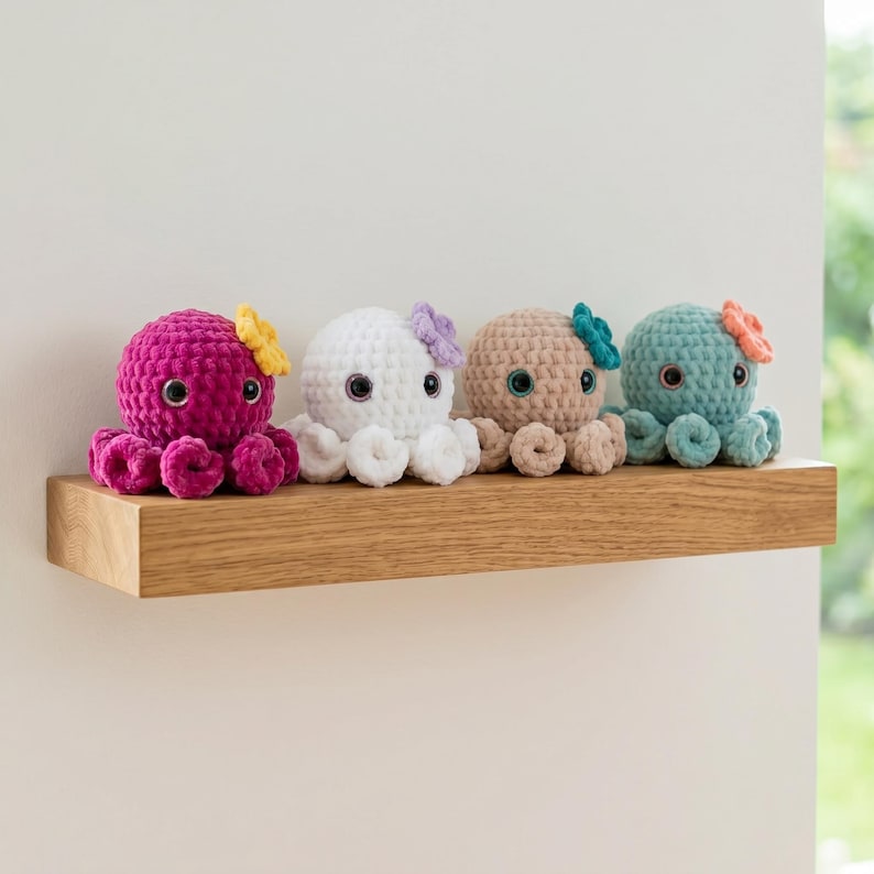 May include: Four crocheted octopus plush toys lined up in a row. Each octopus features a round head, curled tentacles, large dark eyes, and a small crocheted flower attached to the side of its head. The colors are magenta, white, tan, and teal.