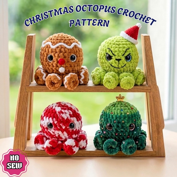 Christmas Octopus Crochet Pattern PDF, No Sew 4 in 1 Amigurumi Octopus, Christmas Holiday Crochet Plushie Pattern,Cute Easy Crochet Gift DIY