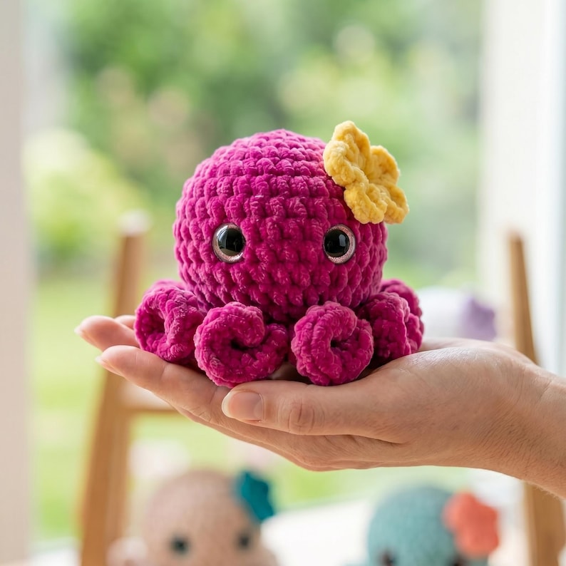 May include: A small, round, magenta-colored crocheted octopus plush toy made from soft, textured yarn. It features two large, glossy black safety eyes and a single, pale yellow crocheted flower accessory attached to the side of its head.