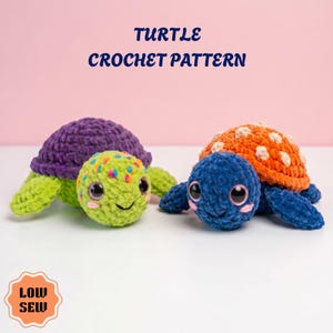 May include: Two crocheted turtle toys. One has a purple shell and green limbs, the other has an orange shell with white spots and blue limbs. The turtles have smiling faces and large eyes. The text "TURTLE CROCHET PATTERN" is at the top.