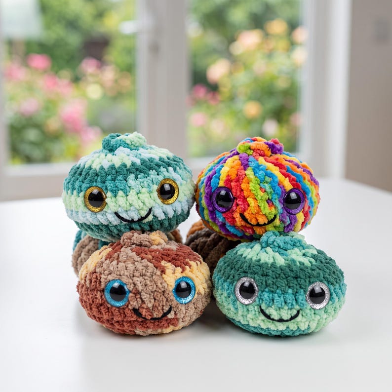 May include: Four round, crocheted plush toys with soft, textured yarn. One is green and white, one is rainbow-colored, one is brown and tan, and one is teal and green. Each plush features two large, shiny plastic eyes and a stitched black smile.