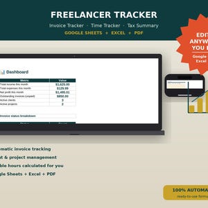 Puede incluir: Un panel digital Freelancer Tracker en la pantalla de un portátil, con seguimiento de facturas, tiempo e impuestos. La interfaz incluye una tabla con métricas de ingresos, gastos y beneficios. Compatible con Google Sheets, Excel y formatos PDF.