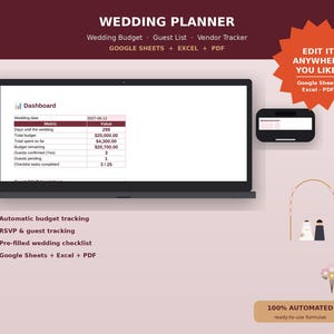 Puede incluir: Una plantilla digital de planificador de bodas en la pantalla de un portátil, con un panel para el seguimiento de presupuesto, invitados y tareas. La interfaz incluye texto para Google Sheets, Excel y PDF, con fórmulas automatizadas.