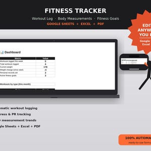 Puede incluir: Una plantilla digital de seguimiento de fitness en una pantalla de portátil, con un panel de control para registros de entrenamiento, medidas corporales y objetivos. La interfaz incluye tablas de métricas, compatible con Google Sheets, Excel y PDF.