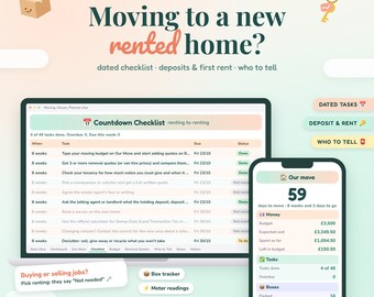 Moving House Checklist for Renters UK, Renting Move Planner, Tenancy Deposit and Moving Budget, Change of Address List, Excel Google Sheets