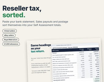 Reseller Tax Spreadsheet UK for Vinted and eBay Sellers, Self Assessment, Excel Google Sheets