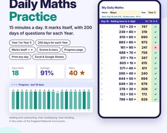 Daily Maths Practice Spreadsheet Year 1-5 UK, Self-Marking, Times Tables (Digital Download)