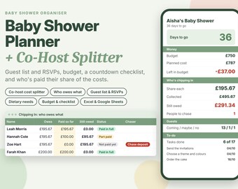 Baby Shower Planner, Co-Host Cost Splitter, Guest List and Budget, UK Excel Google Sheets