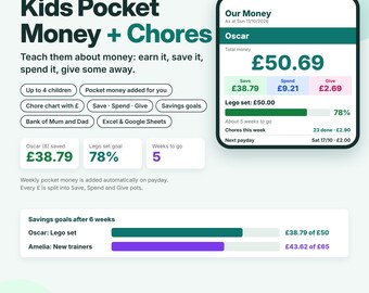 Kids Pocket Money Tracker Spreadsheet UK, Chore Chart with Money, Savings Goal, Save Spend Give Pots, Excel Google Sheets