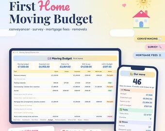 First Home Buyer Moving Budget UK, First Time Buyer Costs Spreadsheet, Conveyancing, Survey, Removals, Moving Checklist, Excel Google Sheets