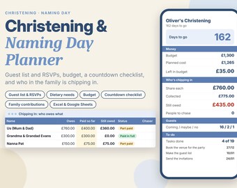 Christening Planner, Naming Day Budget, Guest List and Checklist, UK Excel Google Sheets Template