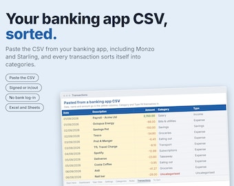 Banking App Budget Spreadsheet UK, Bank CSV Import, Auto Categorise Spending, Monthly Budget Planner, Excel Google Sheets