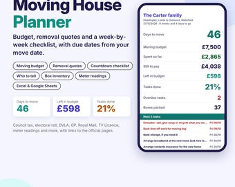 Moving House Planner Spreadsheet UK, Moving Budget, Removal Quotes, Moving Checklist, Change of Address, Excel Google Sheets