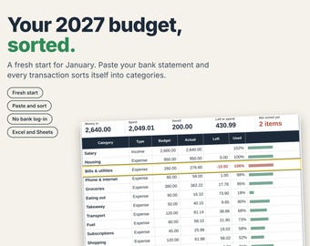 2027 Budget Spreadsheet UK, New Year Budget Reset, Bank Statement Import, Monthly Budget Planner, Excel Google Sheets