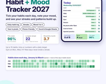 Habit Tracker 2027 Spreadsheet, Mood Tracker, Daily Habit Streaks, Year in Pixels, Habit Planner UK, Excel Google Sheets