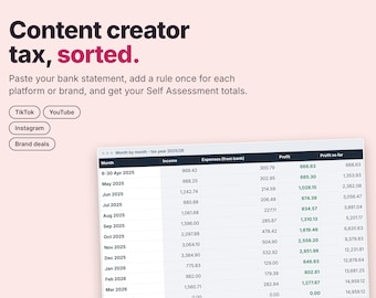 Content Creator Tax Spreadsheet UK, Influencer Self Assessment, TikTok YouTube Instagram Income Tracker, Excel Google Sheets