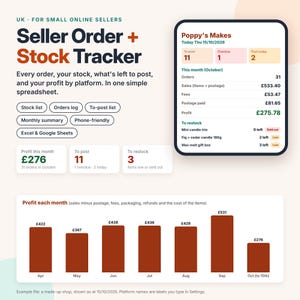May include: A digital seller order and stock tracker spreadsheet for small online businesses. The interface displays a dashboard with order counts, profit metrics in pounds, and a monthly profit bar chart. Text includes Seller Order + Stock Tracker, Poppy's Makes, and various financial data points.