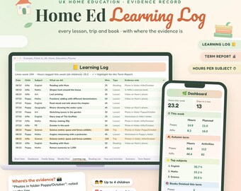 Home Education Learning Log and Evidence Record UK, Homeschool Record Keeping, Printable Term Report, Hours Tracker, Excel Google Sheets