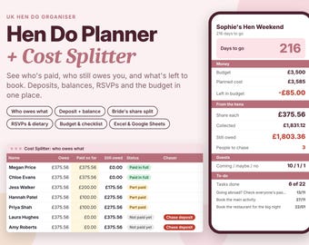 Hen Do Planner & Cost Splitter, UK Hen Party Budget Tracker, Excel Google Sheets Template