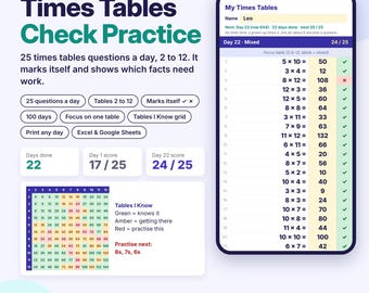 Times Tables Check Practice Year 4 UK, Self Marking Multiplication Spreadsheet, 2 to 12 Tables, KS2 Homeschool, Excel Google Sheets