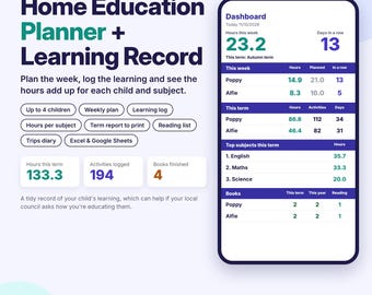 Home Education Planner UK Spreadsheet, Homeschool Learning Log, Term Report, Weekly Plan, Reading List, Excel Google Sheets