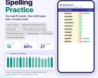 Spelling Practice Spreadsheet Year 1 2 3 4 5 6 UK, Self Marking Spelling Test, National Curriculum Word Lists, KS1 KS2, Excel Google Sheets