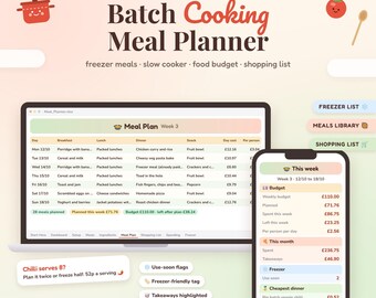 Batch Cooking Meal Planner UK, Slow Cooker Meal Plan, Freezer Meal Tracker, Food Budget, Shopping List Spreadsheet, Excel Google Sheets