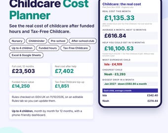 UK Childcare Cost Planner Spreadsheet, Nursery Fees Calculator, 30 Hours Funded Childcare, Tax-Free Childcare, Excel Google Sheets