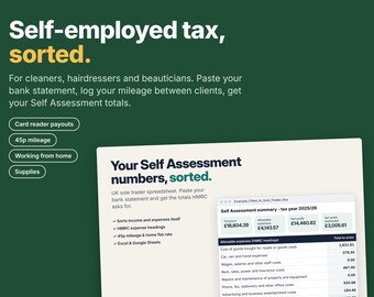 UK Self-Employed Tax Spreadsheet for Cleaners, Hairdressers, Beauticians (Excel/Google Sheets)