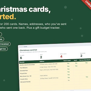 May include: A digital Christmas card tracker template on a dark green background with white snowflake icons. The interface displays a Christmas card list with columns for names, addresses, and status tracking for sending and receiving cards.