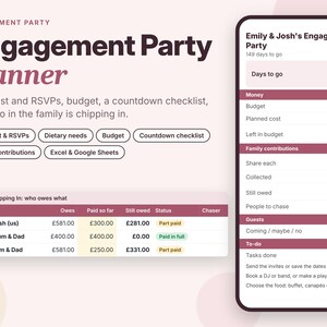 May include: An engagement party planner digital interface featuring a countdown of 149 days, budget tracking in pounds, family contribution tables, and a guest list management system. The layout includes sections for RSVPs, dietary needs, and to-do lists.