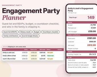 Engagement Party Planner, Engagement Budget, Guest List and RSVP Tracker, Family Contributions, Excel Google Sheets