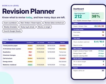 GCSE Revision Planner Spreadsheet, A-Level Study Timetable and Exam Countdown (Excel, Google Sheets)