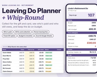 Retirement Leaving Do Planner, Work Leaving Collection Tracker, Whip Round Cost Splitter, Guest List and Budget, Excel Google Sheets